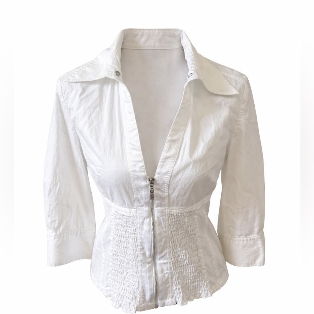Marciano by GUESS White Zip Front Smocked Waist Blouse Size S